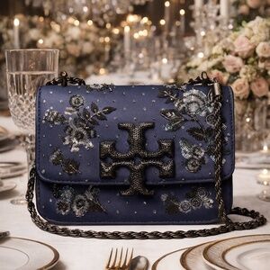 NEW Tory Burch Eleanor Navy Satin Embellished Small Crossbody Bag/Shoulder Bag